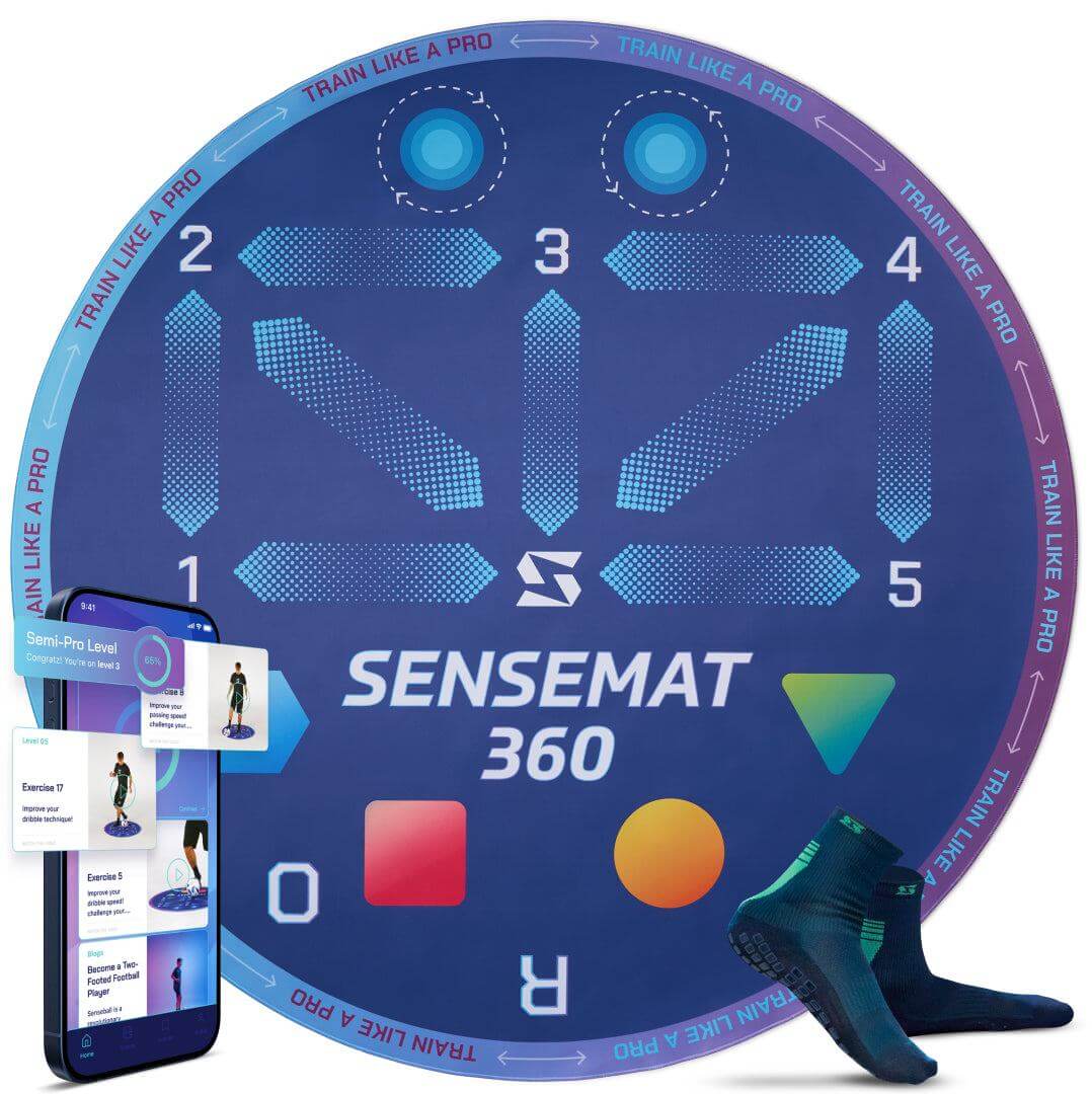 Pro-Level Cognitive SenseMat 360 soccer training mat with footwork drills, app integration, and grip socks for elite 360° awareness and decision-making